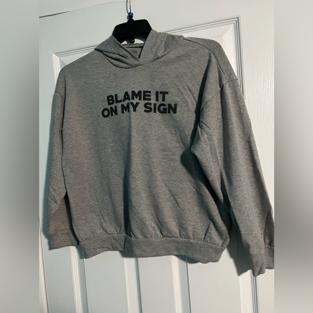 Im selling a grey hoodie from fashion nova. The front says - BLAME IT ON MY SIGN